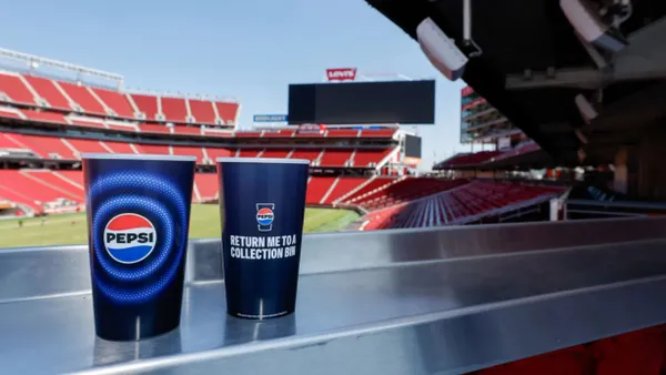 Pepsi reusable cups on a ledge overlooking the San Francisco 49ers field