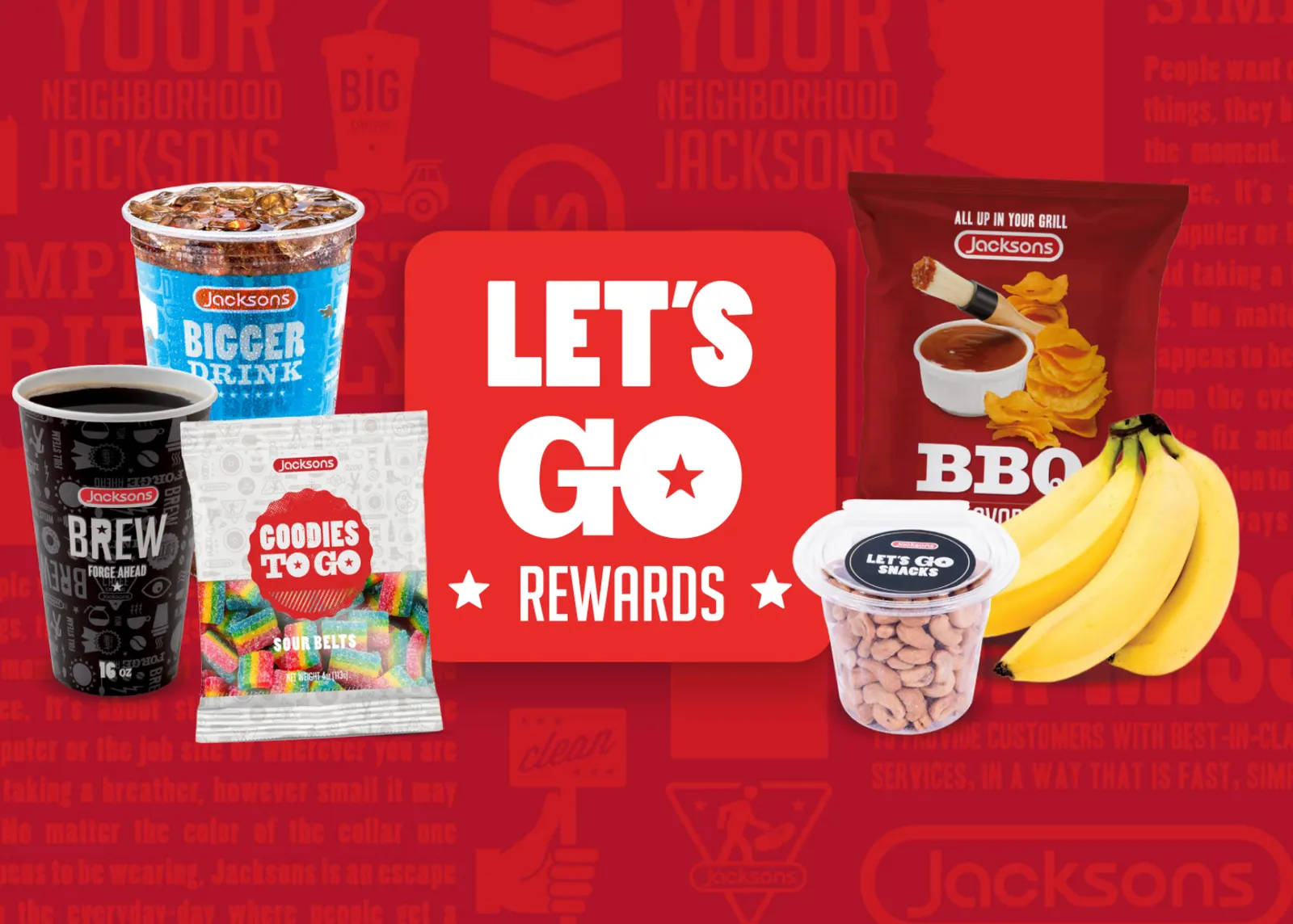 A photo collage showing multiple snacks and drinks against a red background. Text in the center of the image reads Let's Go Rewards.