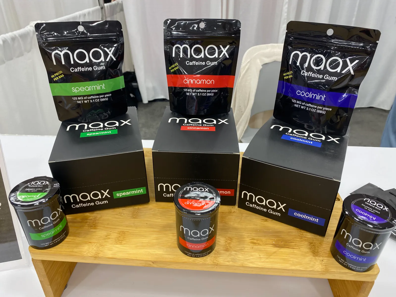 Packages of Maax Brands&#x27; energy gum at the Sweets &amp; Snacks Expo in Indianapolis in 2024.