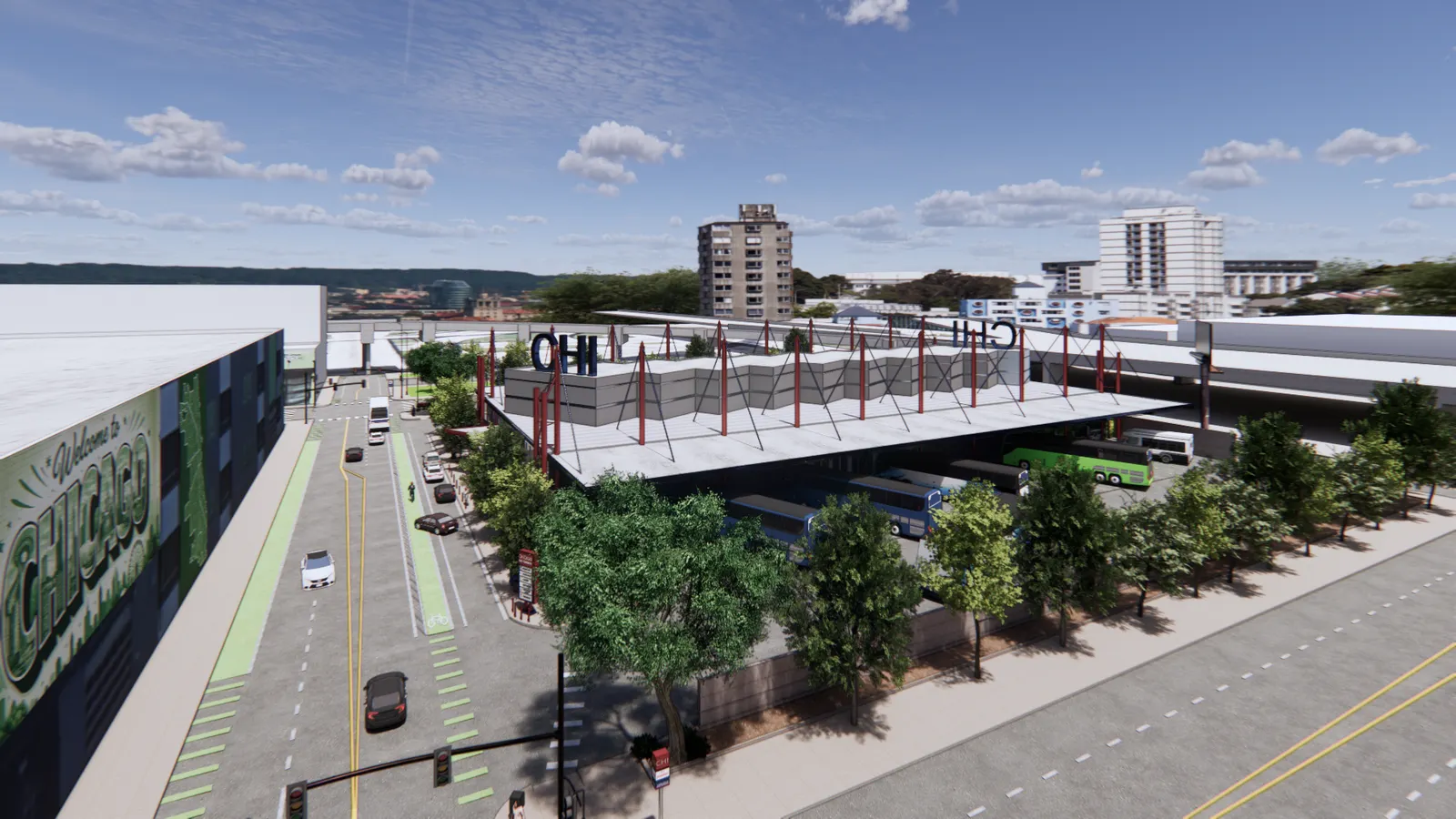 Illustration of a low building at the corner of two streets with buses parked underneath a canopy.