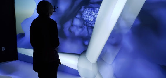 Conference attendee interacting with NREL's demonstration on currents and wind turbines