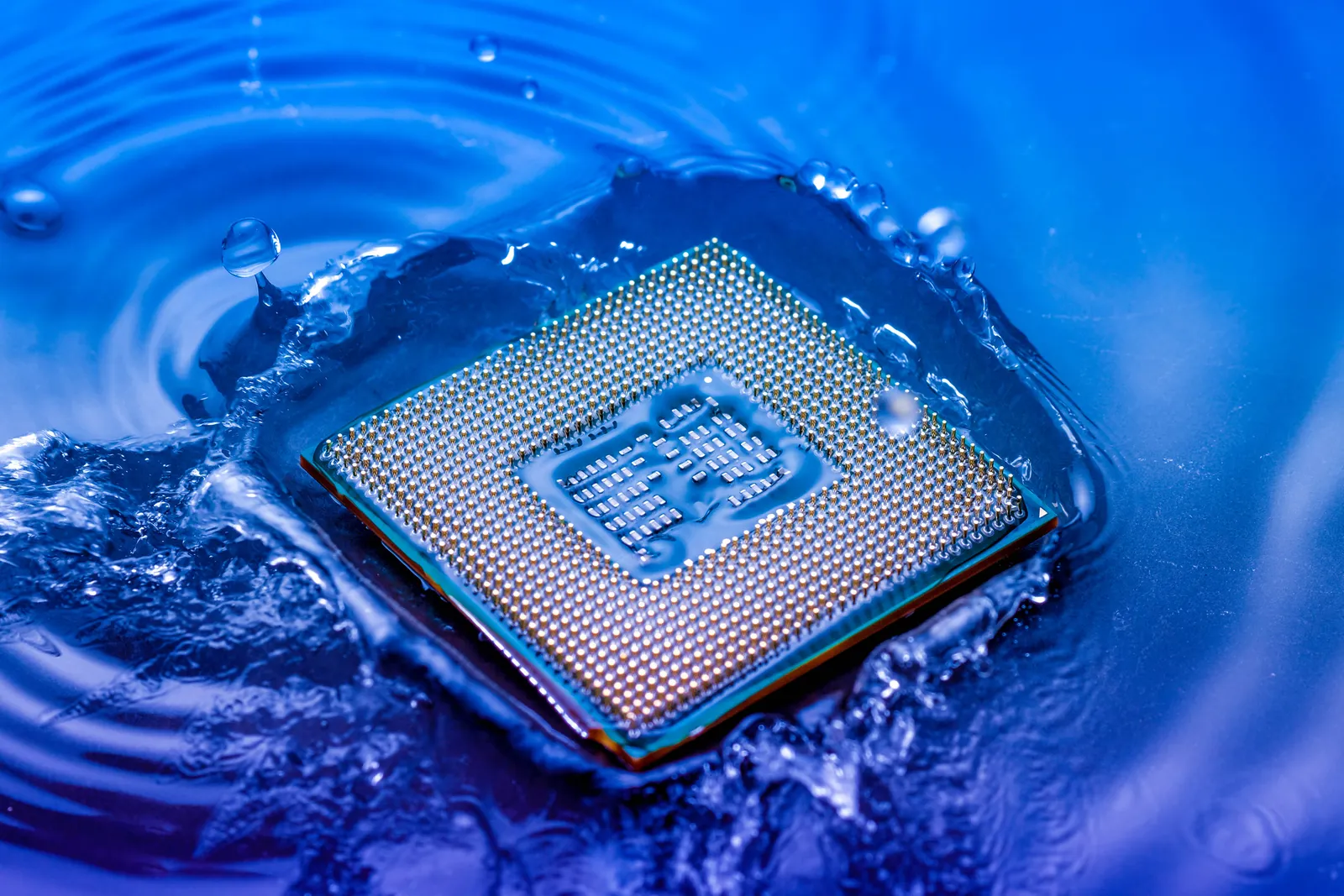 A computer chip falling into blue water