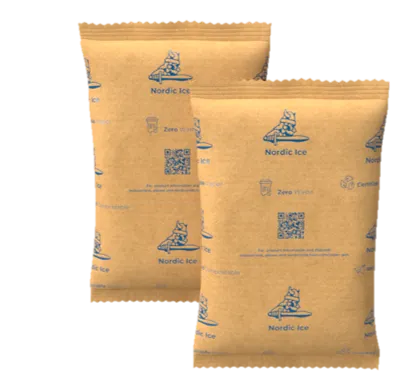 Two fiber-encased gel packs with Nordic Cold Chain Solutions branding on the front.