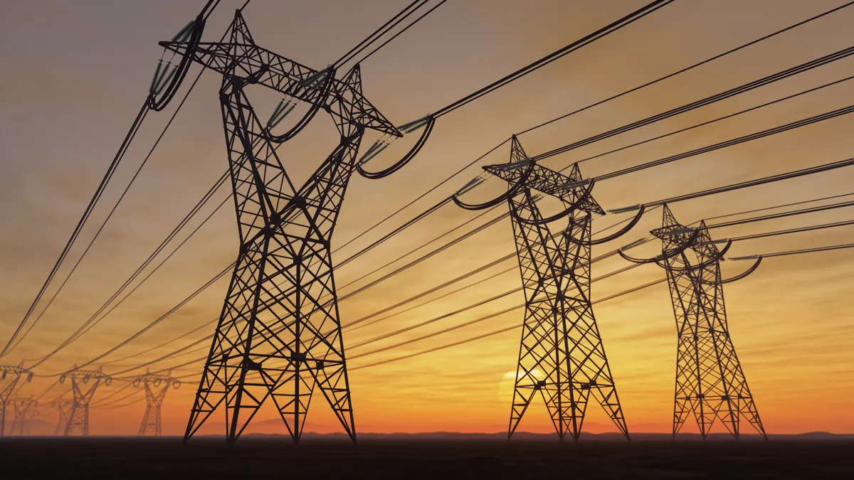 A rendering of electric power lines against the backdrop of a twilit sky