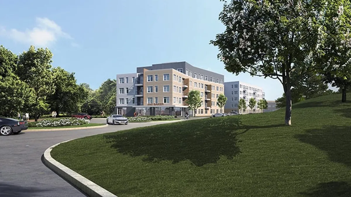 Rendering of a grey and beige low-rise apartment complex.