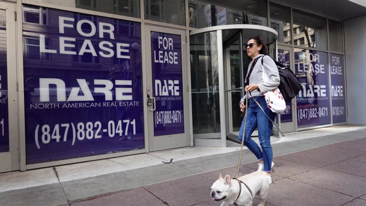 A sign advertises vacant retail space for lease in the Loop on April 20, 2023 in Chicago, Illinois.