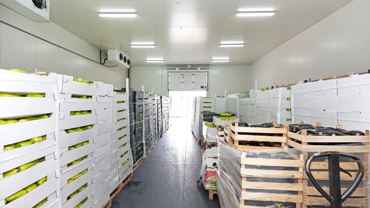 Fresh food in pallets in cold storage.