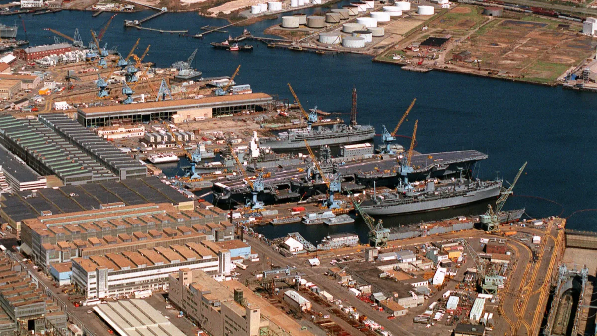 Aerial view of the Norfolk Naval Shipyard on the Elizabeth River. Ships in the yard in Virginia