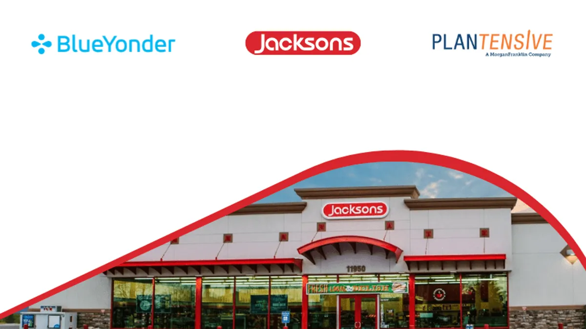 A photo of a Jacksons Food Stores location, with the logos for Jacksons, Blue yonder and Plantensive in shite space above it.