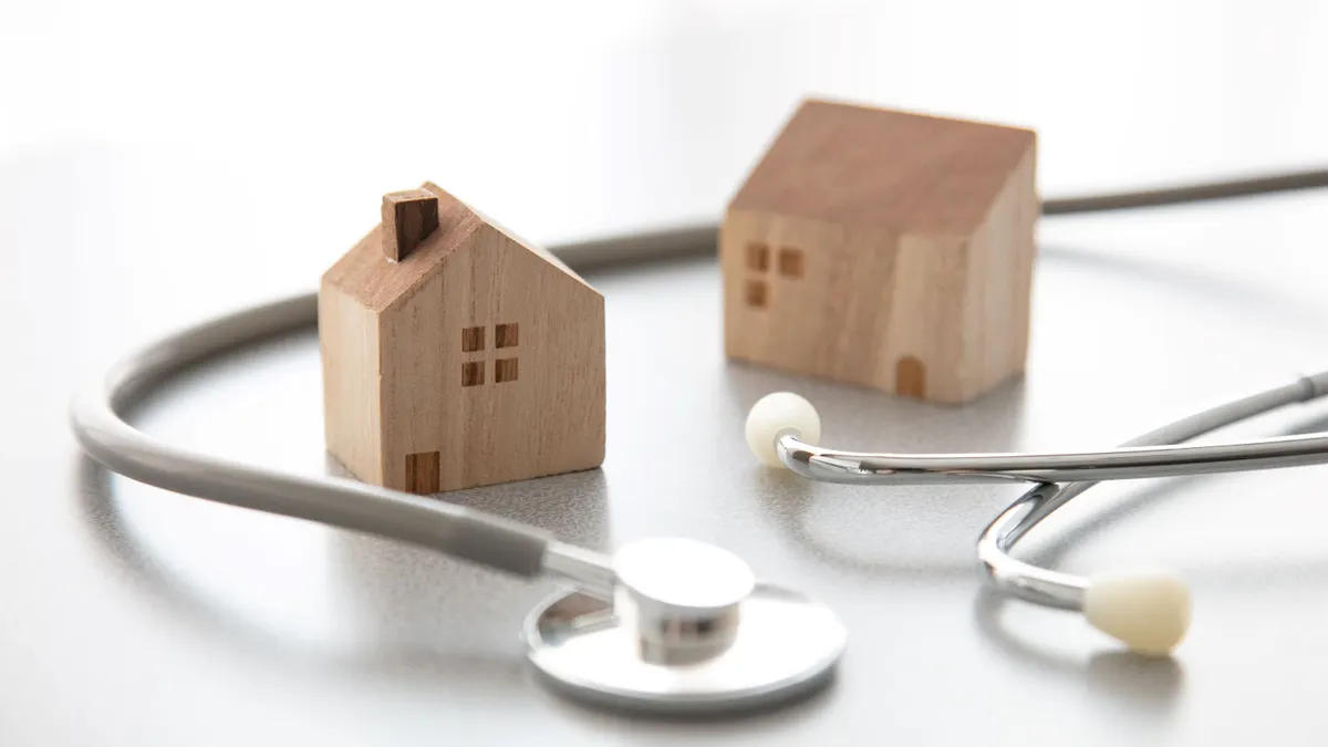 Two small wooden houses surrounded by a stethoscope