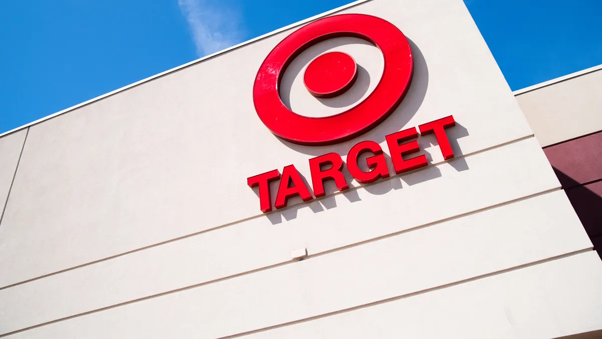 Exterior shot of a Target store with a closeup on the Target logo.