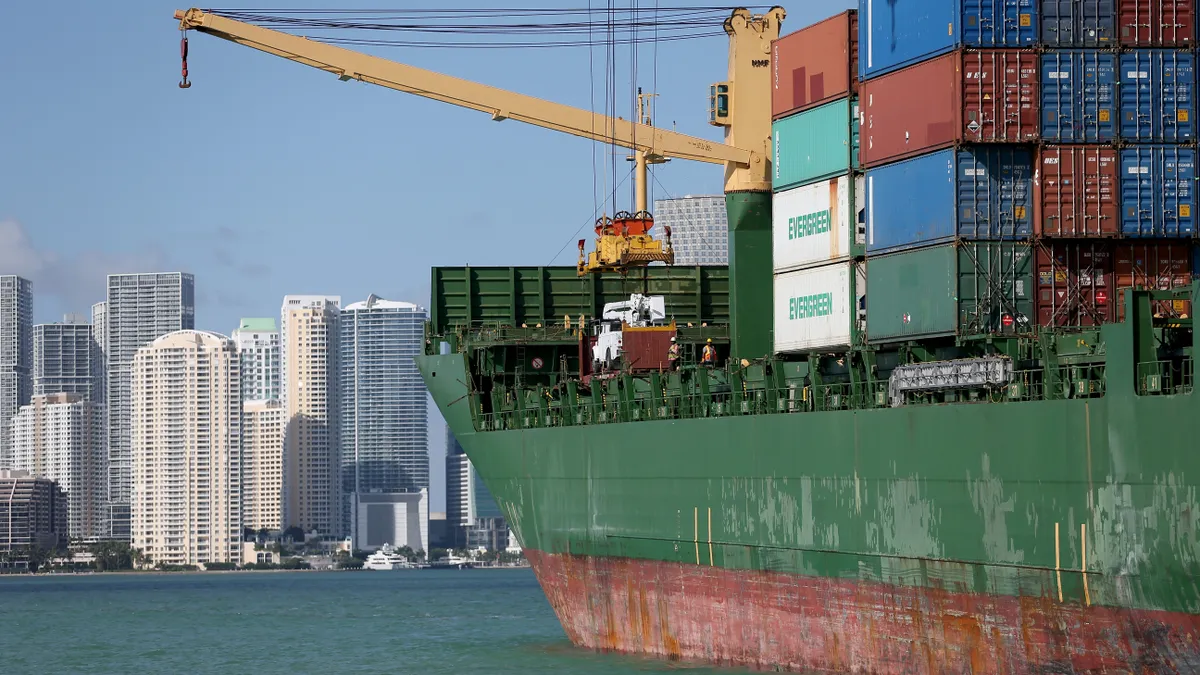 Container ships are seen at the dock as the Port Miami.