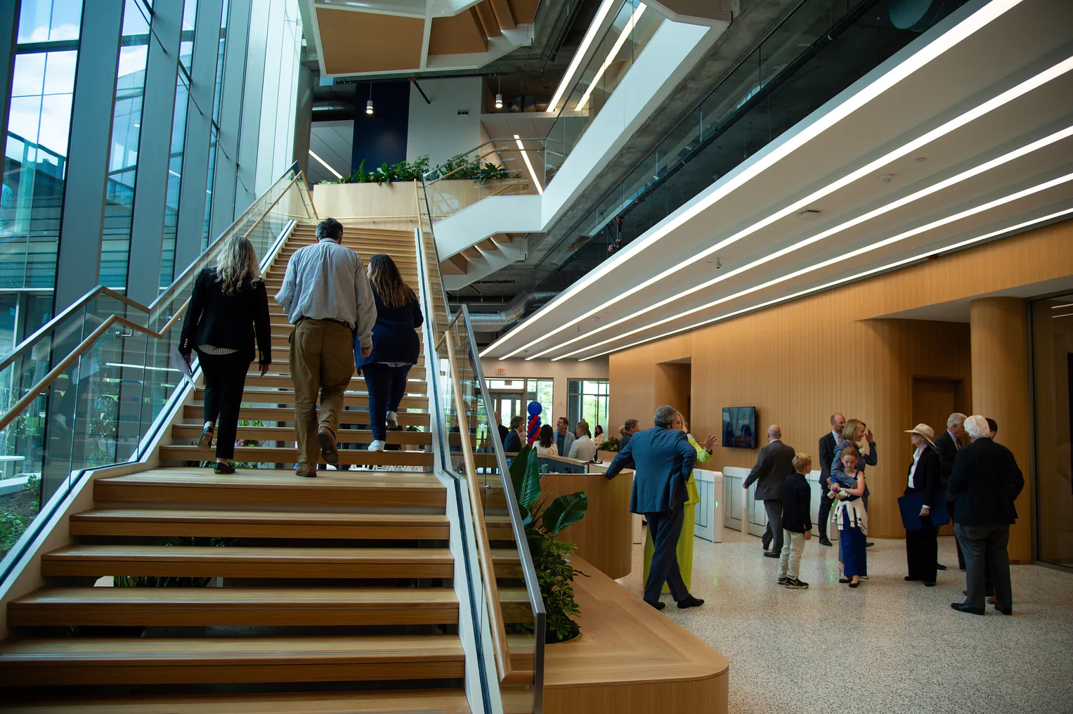 People walk around the new headquarters of Creve Coeur, Missouri-based First Bank.