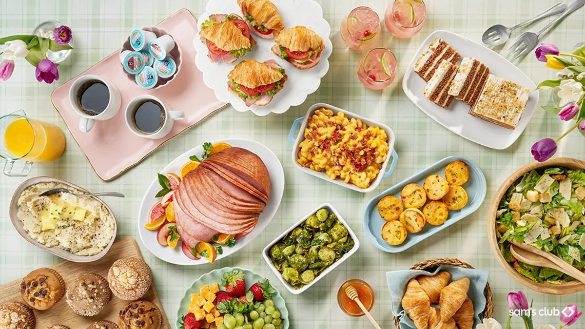 Array of cooked food items on a set table for Easter