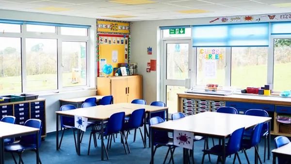 empty classroom with chairs and tables
