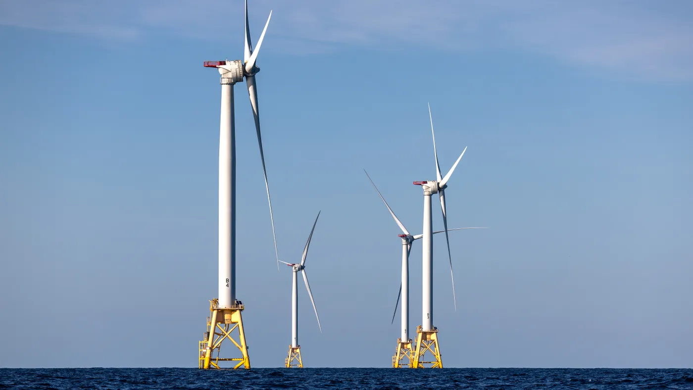 Wind turbines generating electricity offshore Block Island, Rhode Island,