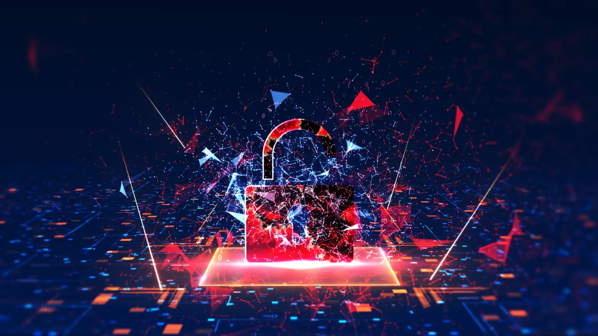 The red lock and its structure explode in a digital computer setting.