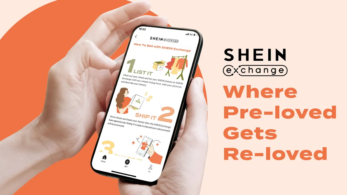 In front of an orange circle against a peach background, a pair of hands is seen cradling a mobile phone. The text reads "Shein Exchange, Where Pre-Loved Gets Re-Loved."