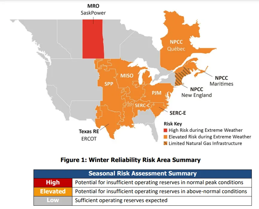 Map showing much of the eastern portion of North America faces higher risk of blackouts during extreme winter weather.