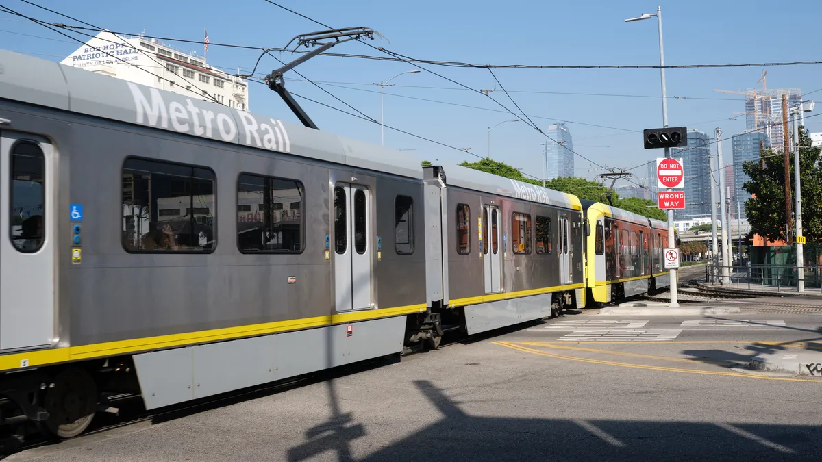 An LA Metro train heads toward downtown Los Angeles.