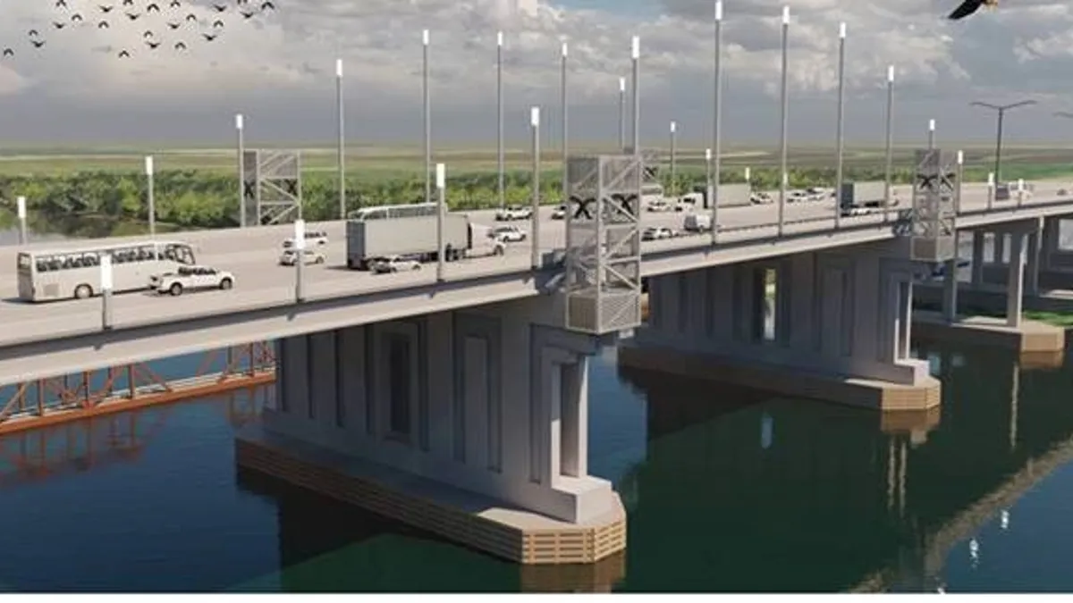 Rendering shows an open bridge with vehicles on it spanning a body of water.