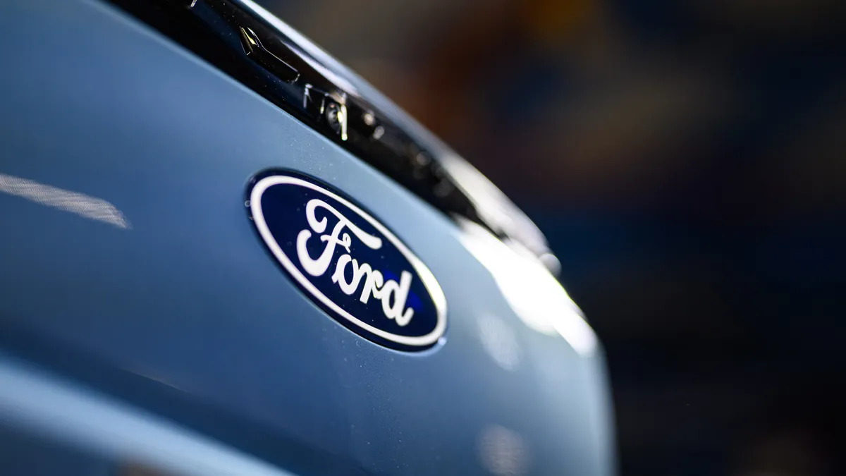 A close-up of a Ford logo