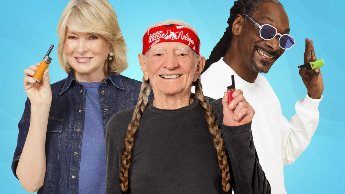 Willie Nelson, Martha Stewart and Snoop Dog each hold a BIC lighter