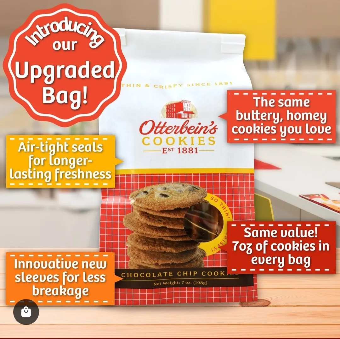 A bag of Otterbein's Cookies with a red and yellow checked design.