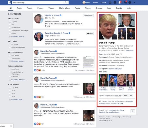 Facebook knowledge panel