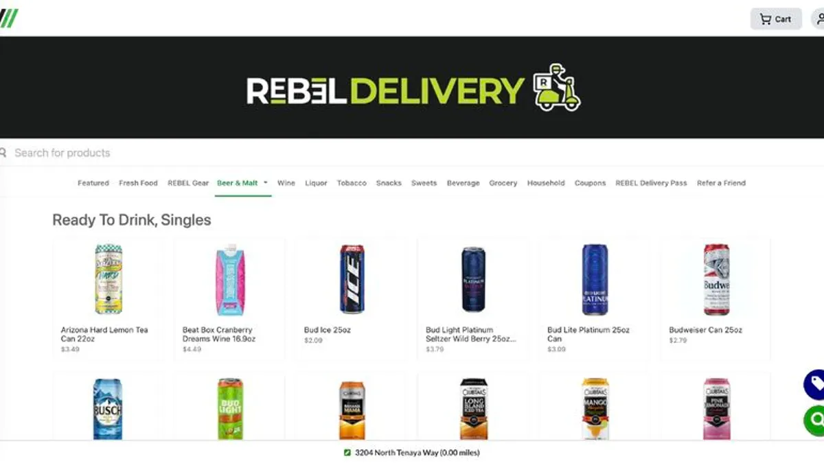 A screenshot of a delivery ordering interface. The name at the top of the page is Rebel DElivery. A sign below that reads Alcohol delivery now available within city limits."