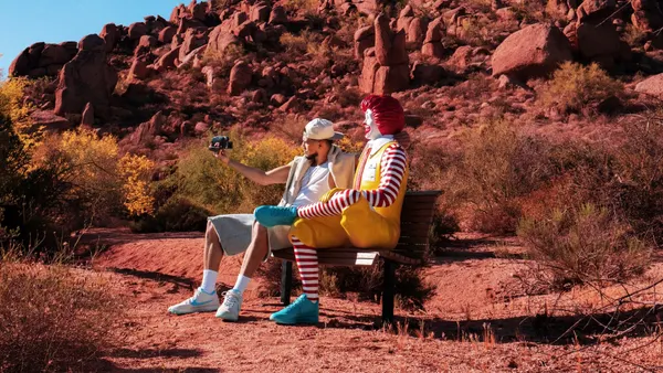 NBA star Devin Booker uses a camcorder to record a video with a Ronald McDonald statue to tease a scavenger hunt for his latest signature shoes.