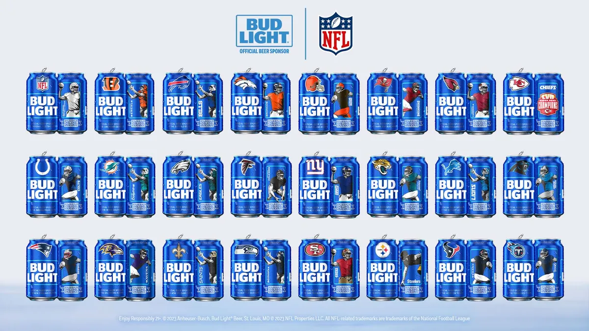 Bud Light's cans in limited-edition NFL team packaging featuring team logos and players