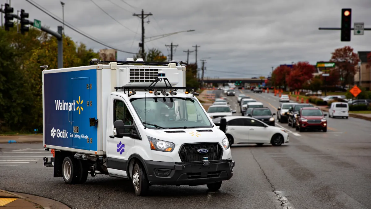 A Gatik truck on its delivery route in Bentonville, Arkansas. Gatik is operating daily without a safety driver behind the wheel of its delivery route for Walmart in Bentonville, Arkansas, moving custo