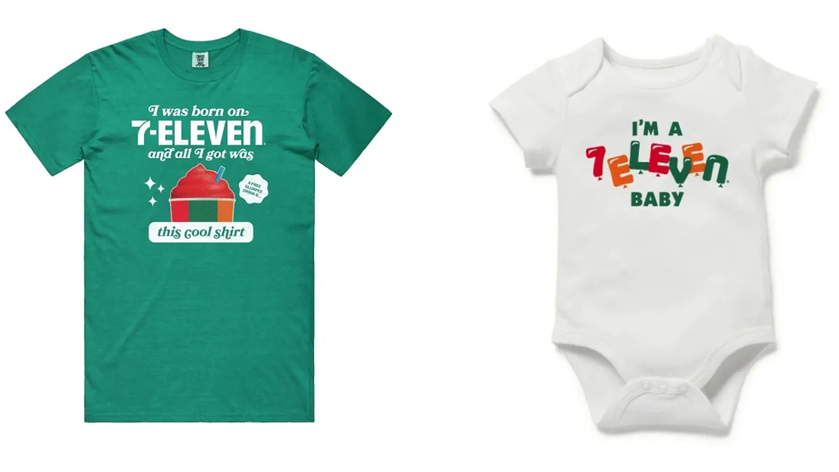 An image of a t-shirt saying "I was both on 7-Eleven and all I got was this cool shirt" and a onesie saying "I'm a 7Eleven baby."