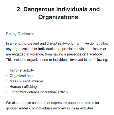 Facebook regulations on dangerous individuals and organizations