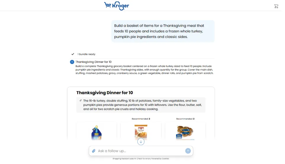 A screenshot of an AI chatbot's recommendations on Kroger's website.