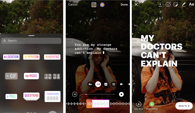 Instagram music sticker with lyrics on screen