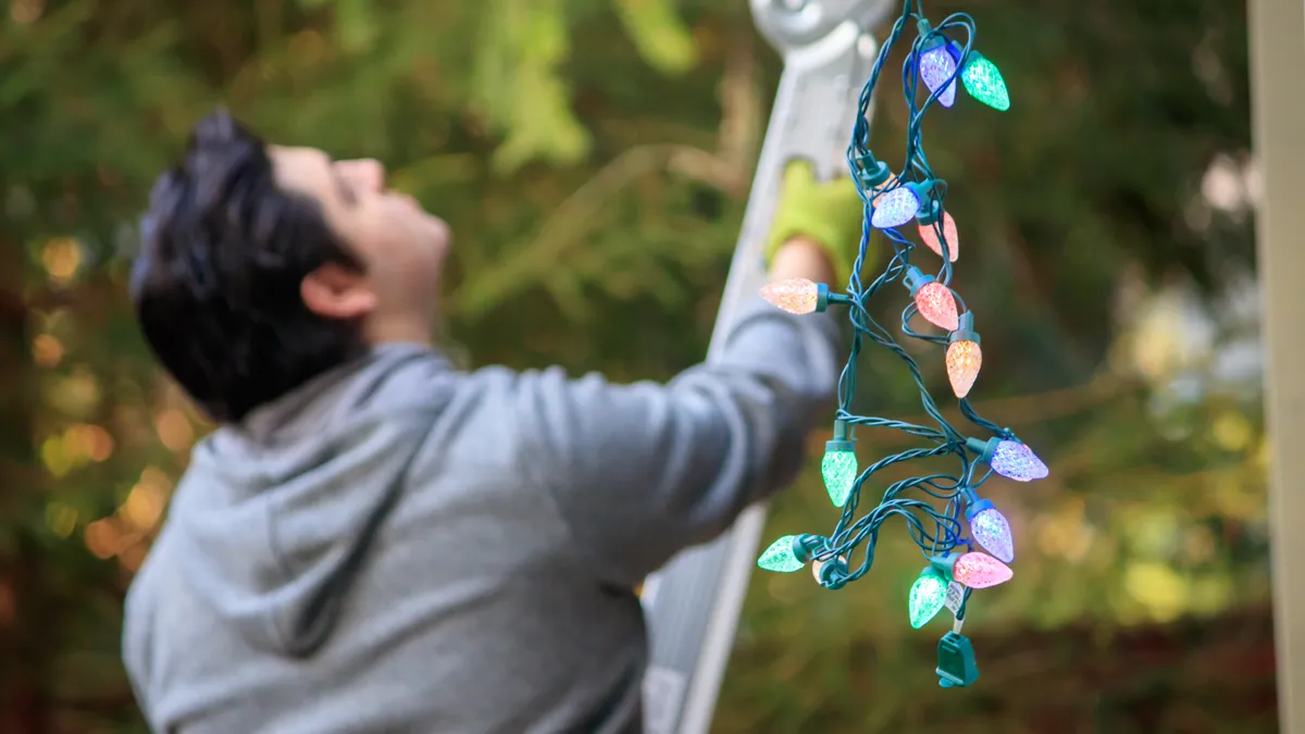 Person on a ladder placing lights on a tree.