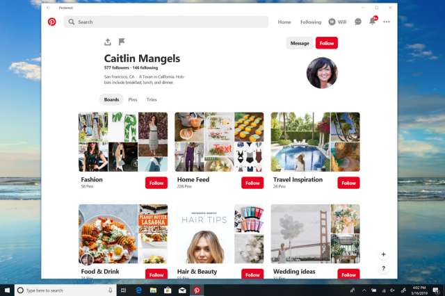 Screenshot of Pinterest on Windows 10
