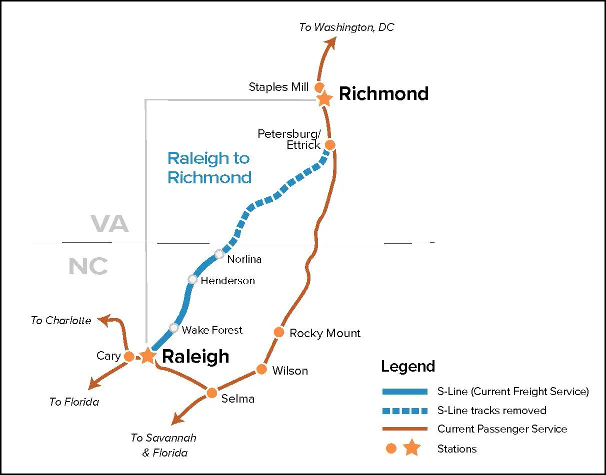 Map showing current and planned passenger rail routes in Virginia and North Carolina.