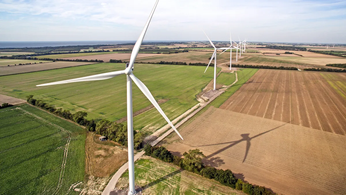 Vestas onshore wind turbines along Rødby Fjord in Denmark.