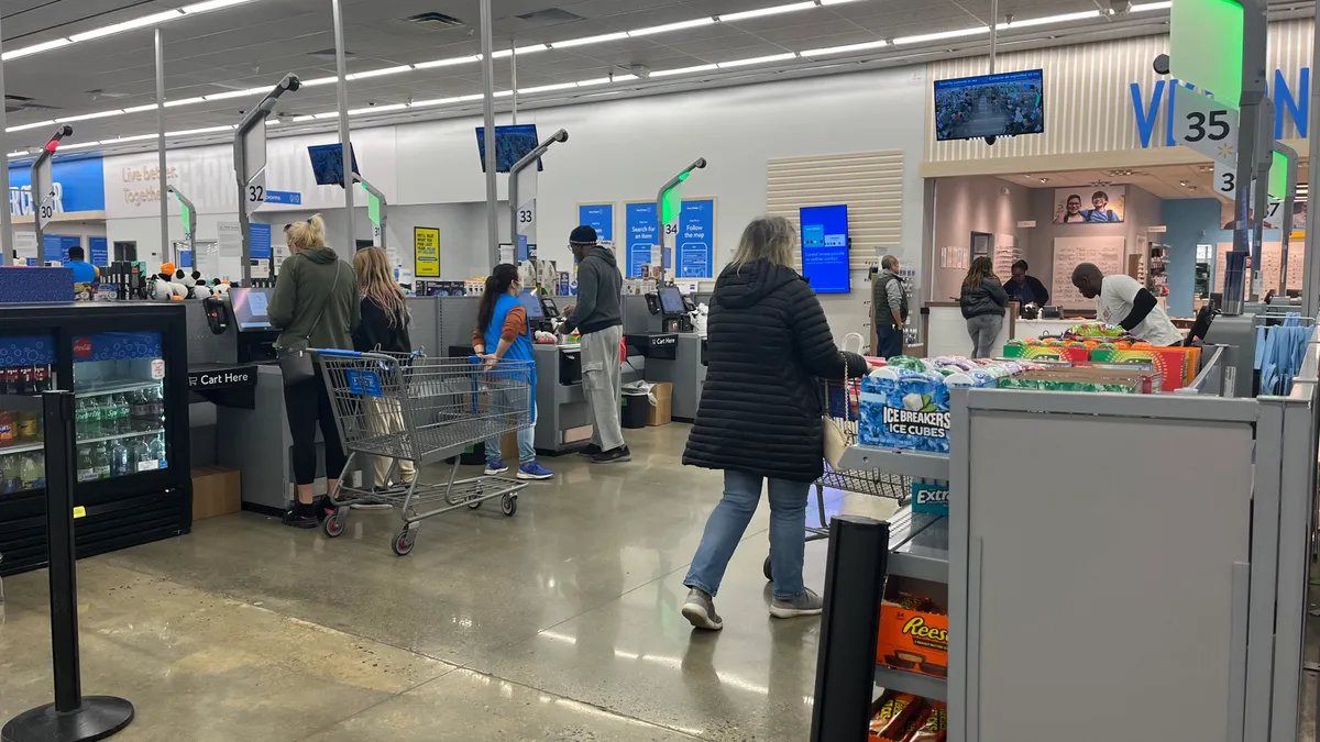 Self-checkouts at a store.