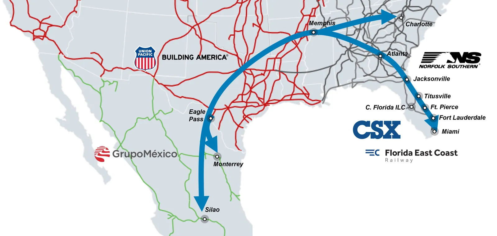 Union Pacific Mexico to Southeastern US map