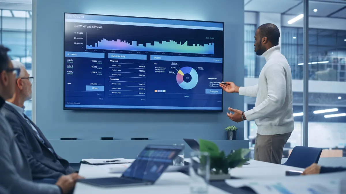 Businessman leads meeting with managers in front of TV screen with big data analytics visualizations.