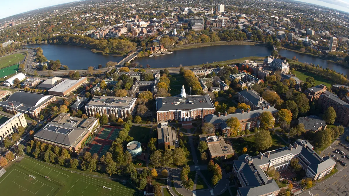 An aerial view of the Harvard Business School campus.