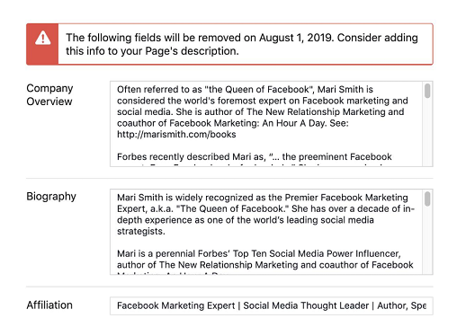 Facebook page change