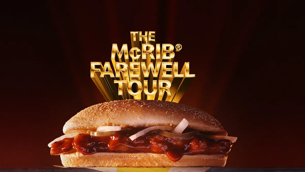 McDonald's McRib sandwich sits against a black background and underneath glowing golden text reading, "The McRib Farewell Tour."