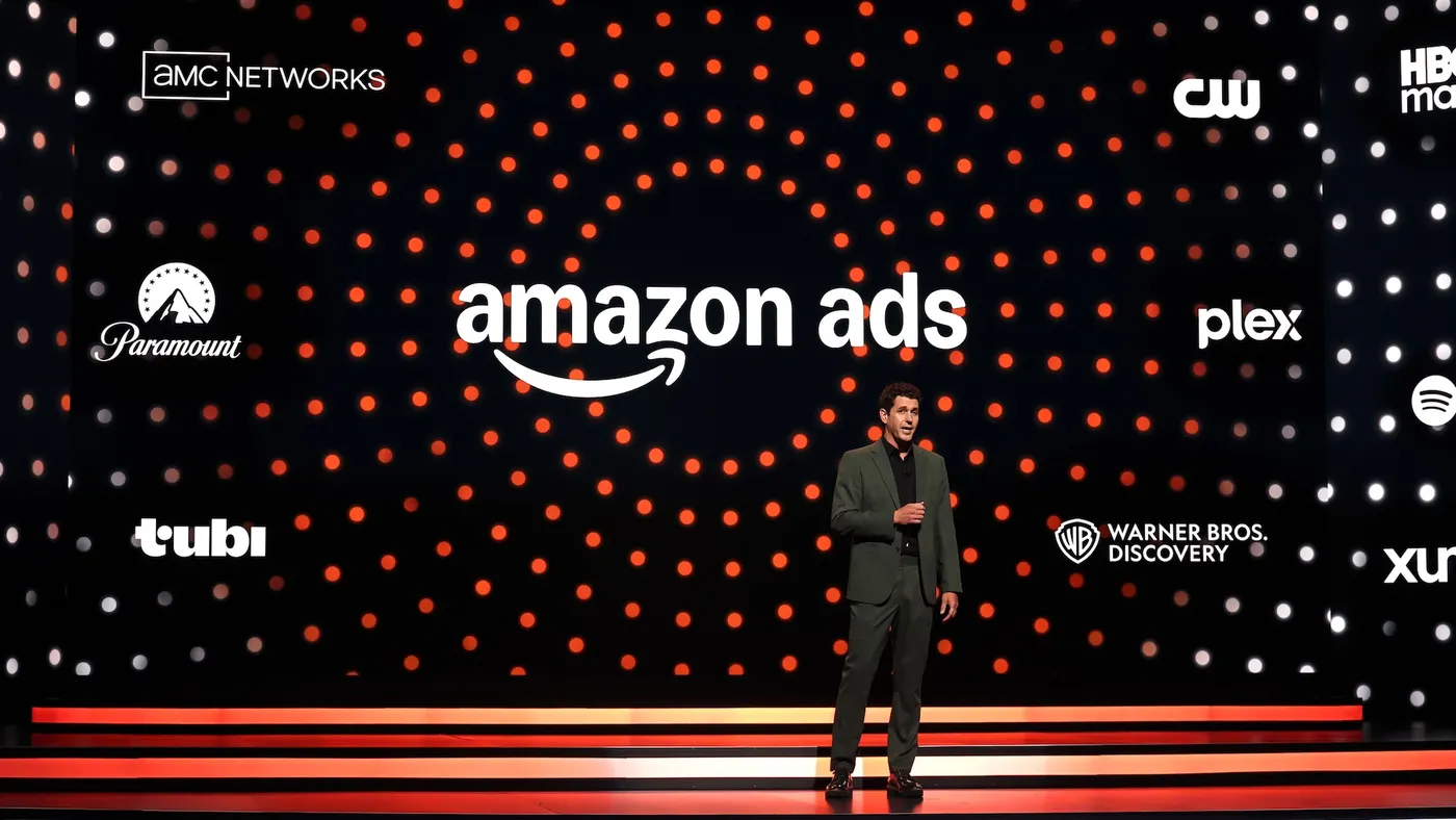 Amazon executive Tanner Elton appears on stage at Amazon’s 2026 upfront presentation