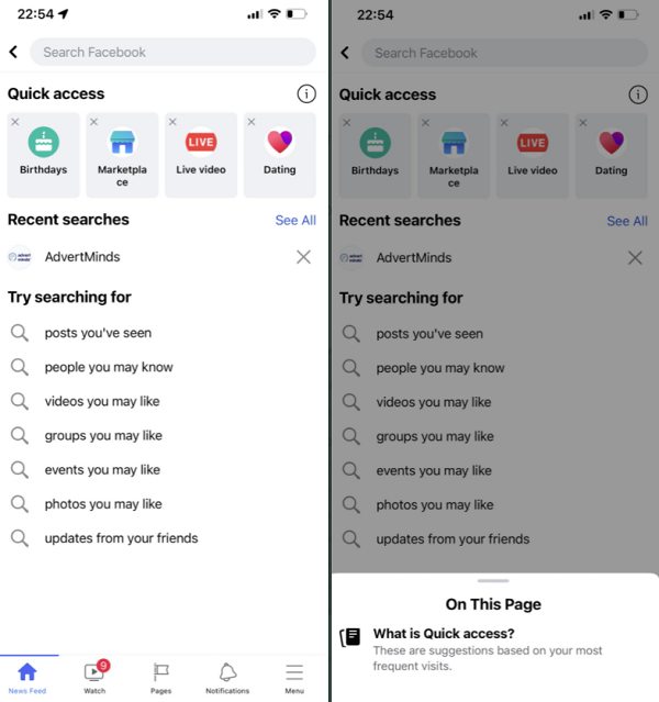 Facebook Quick Access tabs in Search