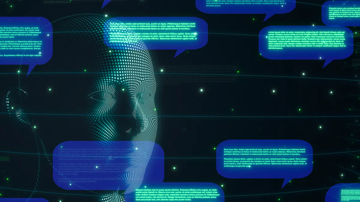 a bunch of conversation bubbles with glowing, unreadable text and a robot head in the background